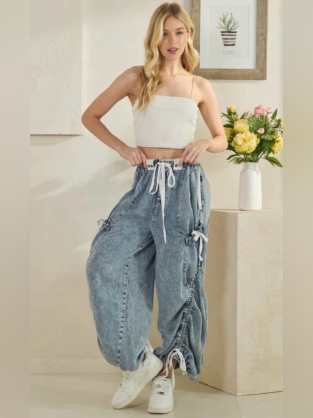 Oli & Hali Light Wash Denim Wide Leg Drawstring Pants